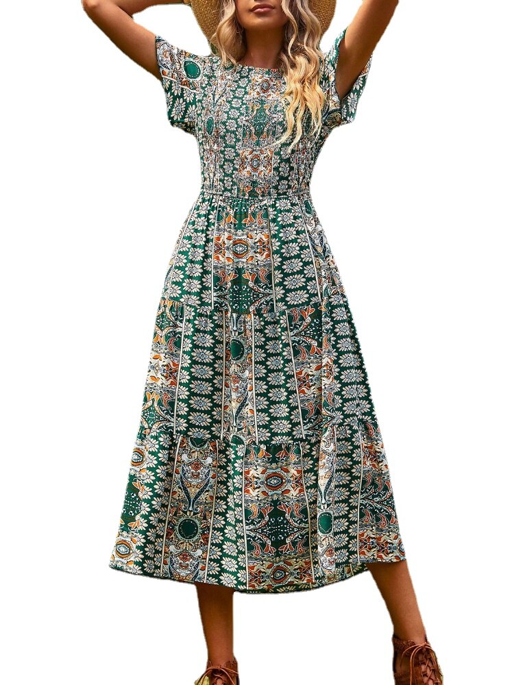 Women Short Sleeve Round Neck Printed Boho Dress