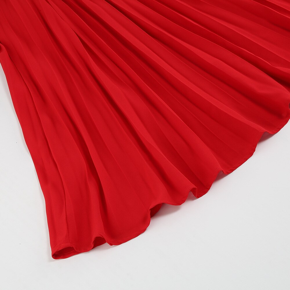 Dress for Women Solid Color V Neck Long Sleeve Slim-fitting Pleated Dress Spring Summer Temperament Elegant Evening Party Skirts