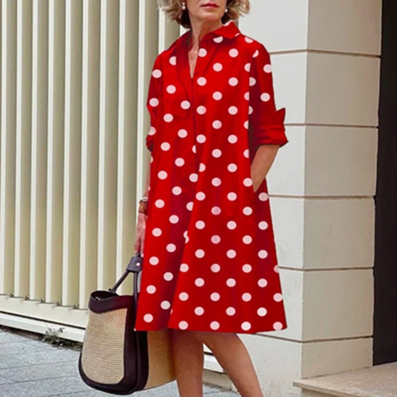 Hoobd Retro Ladies Polka Dot Single Breasted A-line Dress Fashion Street Pocket Polo Neck Dress Spring Elegant Long Sleeve Party Dress