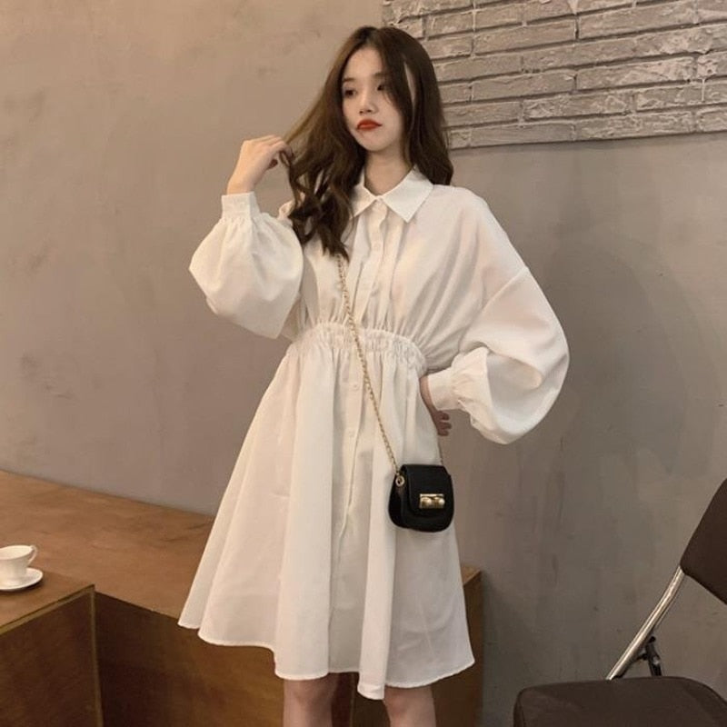 Korean Style Polo Collar Black Long Sleeve Wrap Mini Dress