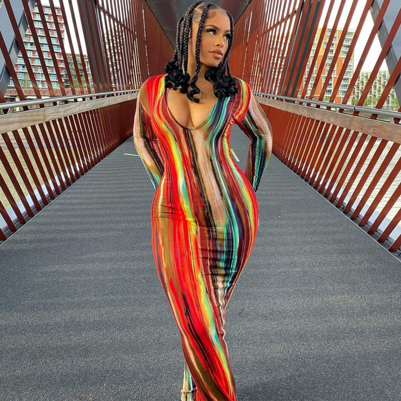 Hoobd Sexy Print Maxi Dresses Ladies Elegant Bodycon Women Dress Vintage Robe Femme Party Bandage Long Dress Woman Clothes Vestidos