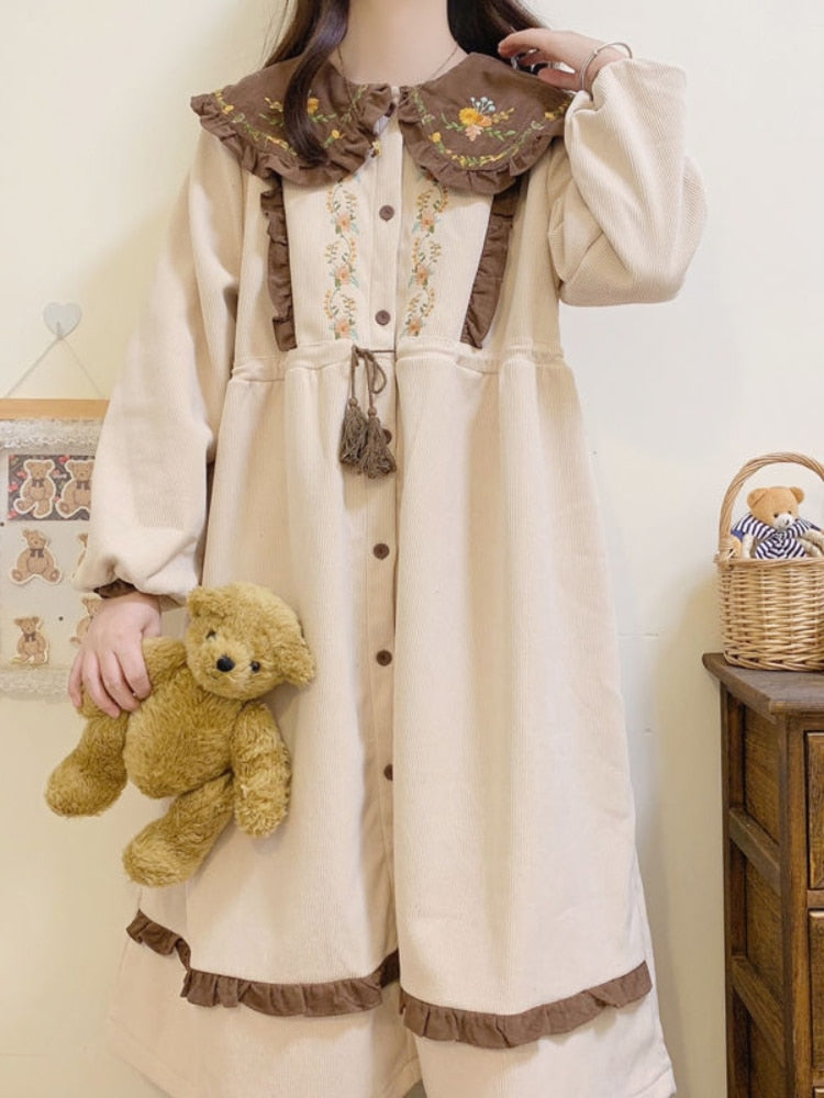 Kawaii Lolita Dress Women Sweet Preppy Style Ruffles Patchwork Corduroy Dress Autumn Winter Puff Sleeve Peter Pan Collar