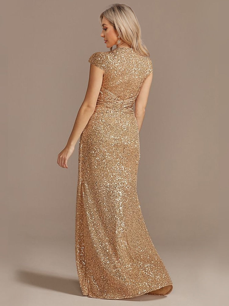 Hoobd New Luxury Champagne V-Neck Sequin Evening Dress Women Party Maxi Dress Beading Gowns Long Prom Cocktail Dresses