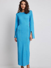 Flared Long Sleeves Split Maxi Dress Women Fashion Blue O-neck Sweater Dresses Female Elegant Bodycon Vestidos