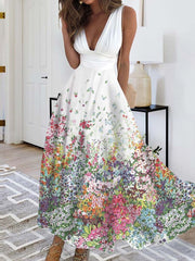 Fashion Deep V-neck Sleeveless Sexy Elastic Waist Dress High Waist Large Swing Satin Party Dress Women Evening Dress Elegant