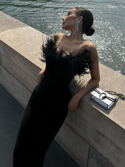 Elegant Strapless Long Party Dresses Women Bodycon Sexy Fashion Feather Sexy Sleeveless Backless Party Club Midi Dress