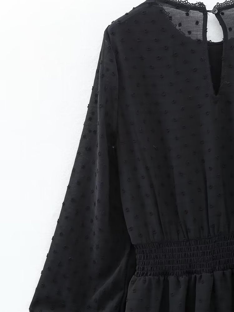 New Spring Women Ruffled Dotted Black  Dress Long Sleeve Elastic Waist Female Vintage Dresses Short Vestidos