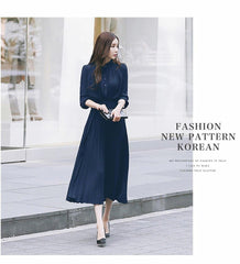 Hoobd Elegant Chiffon Long Sleeve Shirt Dress Women Belt Lace Up A-line Pleated Maxi Dress Korean Fashion Fall Clothes Streetwear