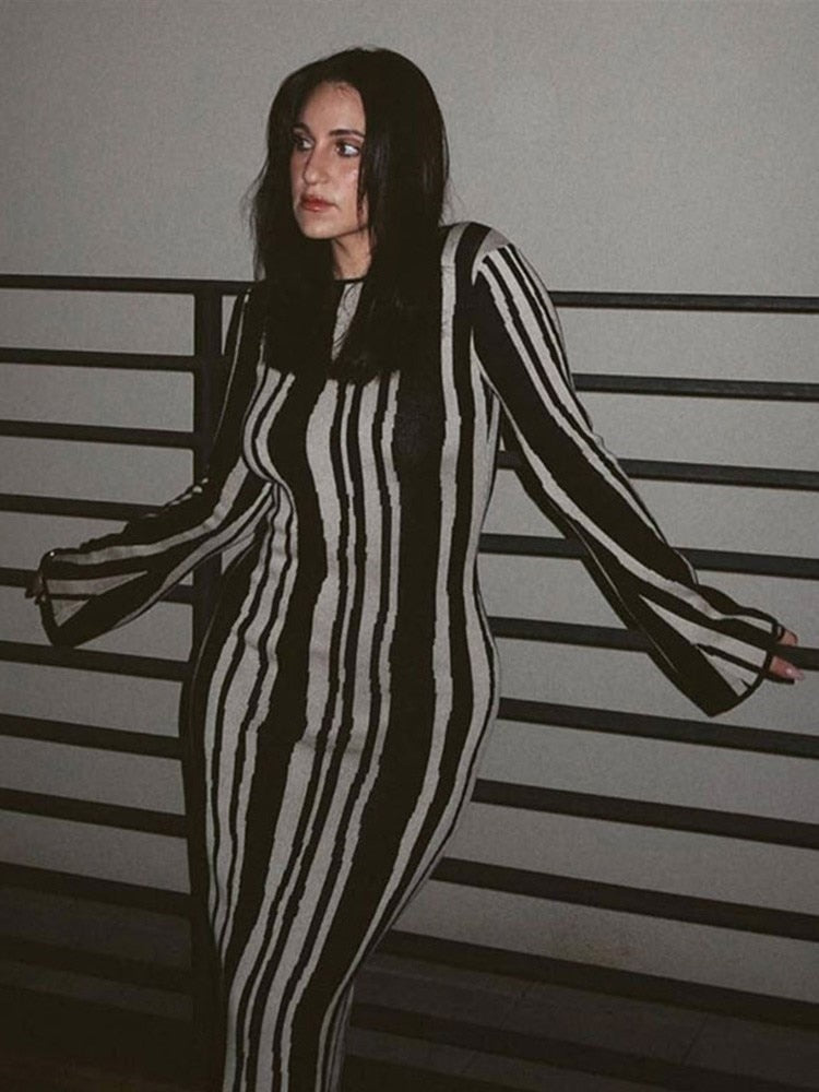 Fashion Leopard Print Women Slim Dress Striped Long Sleeve O Neck High Waist Female Dresses 2023 Spring Wave Party Evening Robe