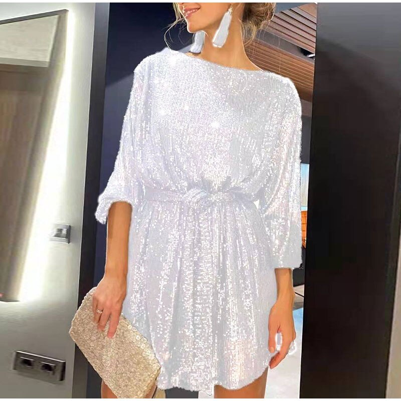 Hoobd Women Solid Sexy Sequins Mini Dress Female Fashion Long Sleeve Clothes Lady Elegant Evening Party Club Festival Dress