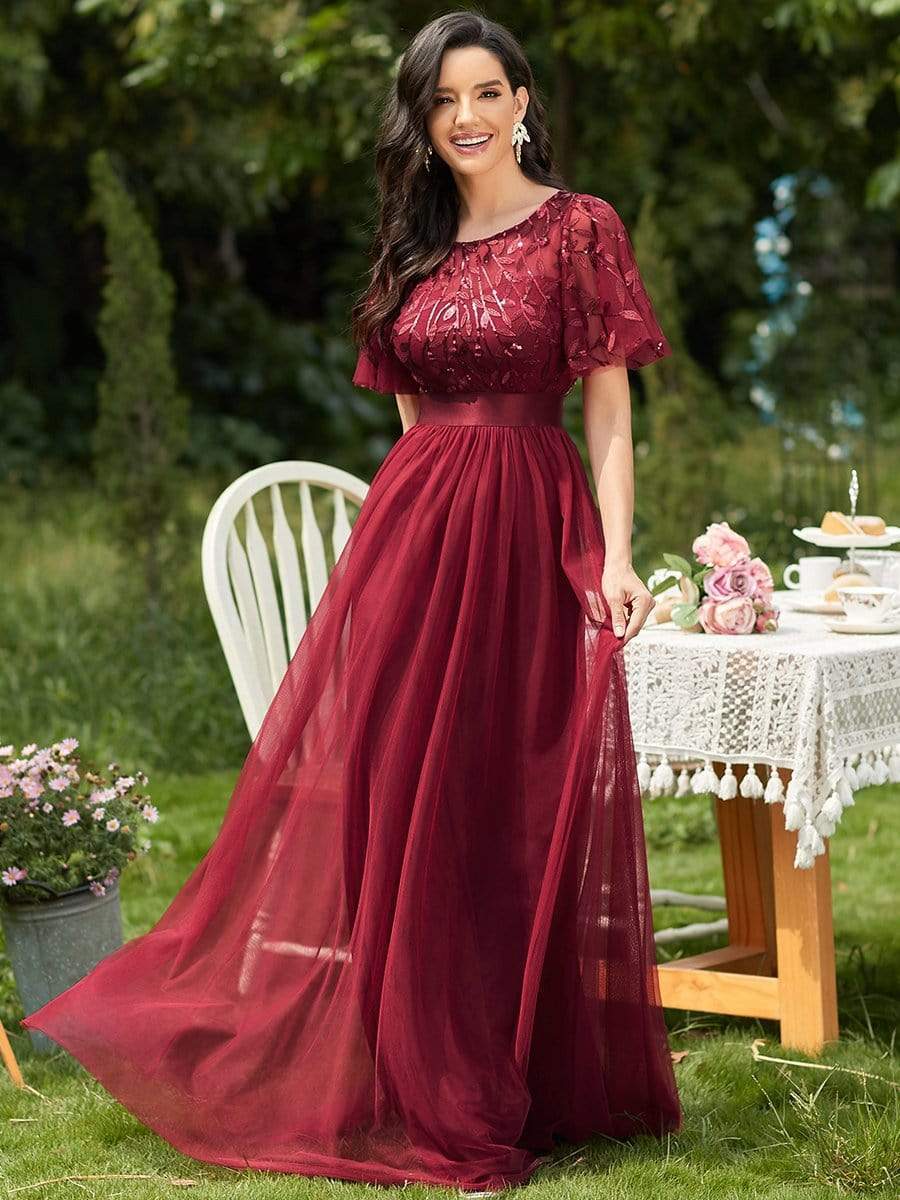 2023 New Women's Burgundy A-Line Sequin Mesh Leaf Maxi Prom Dress Sparkle Evening Dresses O-Neck Short Sleeve Long Dress