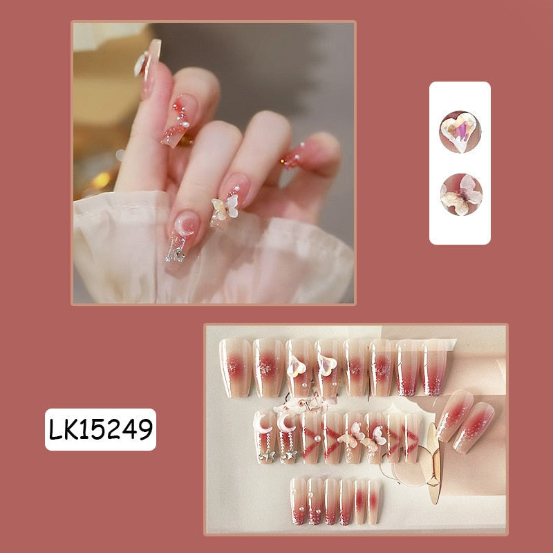 24Pcs Super Shiny False Nails 3D Drop Diamond y2k Mid-length Coffin Ballet Fake Nails Full Finished Fake Nail Patches For Girls