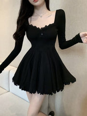 Hoobd Sexy Black Lace Dress Women  Bodycon Wrap Slim Party Mini Short Dresses Evening Fashion Long Sleeve Outfits