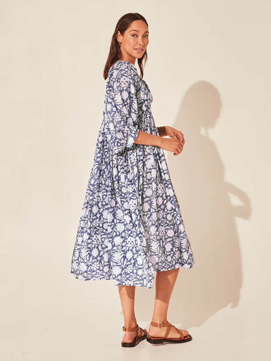 2023 Spring Oversized Holiday Dress V Collar Half Sleeve Loose Midi Dress Large Size Casual Printing Long Dress Boho Vestidos
