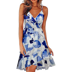 Hoobd S-2XL 17Colors Print Ruffles Sleeveless Fit Flare Dress Casual V-Neck Women Beach Party Entertainment Daily Suspender Wear