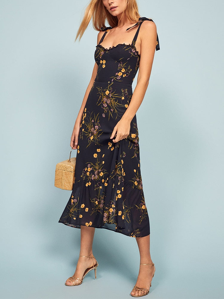 Dresses For Women 2023 Elegant Vintage Floral Dress Frill Sweetheart Neck Sleeveless Strap Tie Ruffle Hem Summer Beach Dress