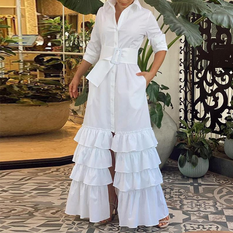Hoobd Retro Turn-down Collar Long Sleeve Belt Dress Women Fashion Layered Ruffle Cake Dress Fall Single Breasted Elegant Party Dresses