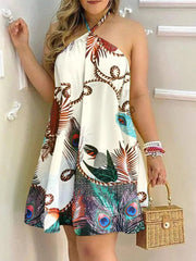 Hoobd Tropical Print Halter Backless Casual Dress Women Strapless Summer Dress