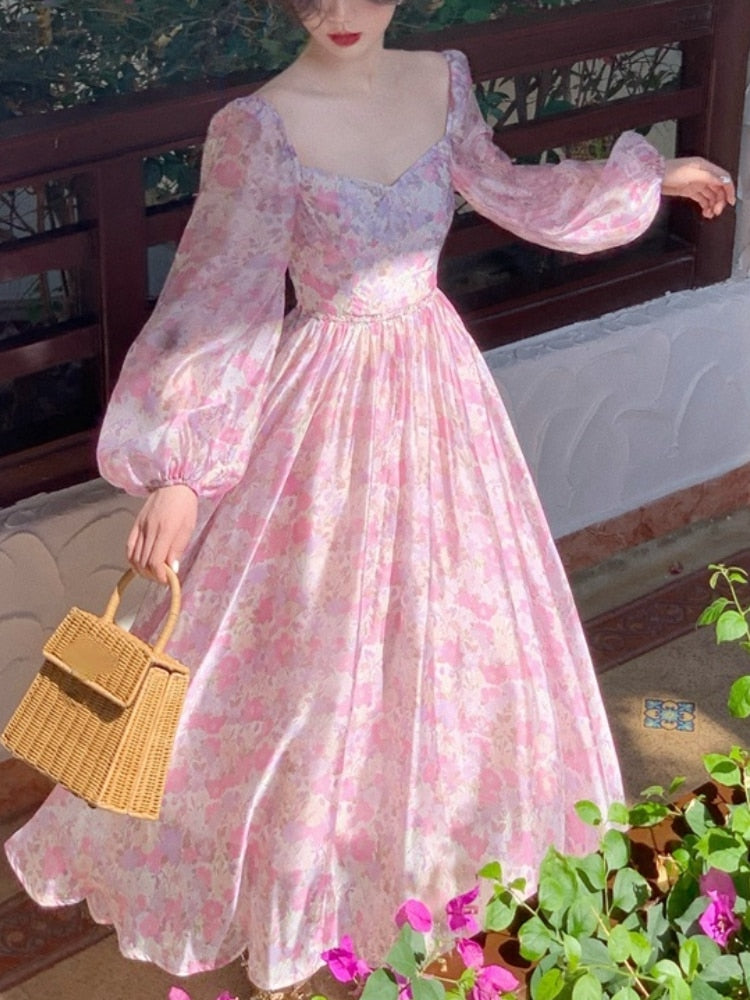 French Vintage Long Sleeve Dress Woman Fairy Elegnat Floral Midi Dress Evening Party One Piece Korean 2022 Summer Chiffon Beach