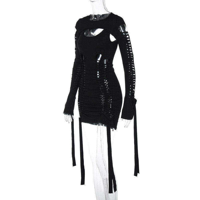 Women's Sexy Hollow Out Long Sleeve Bandage Package Hip Short Dress Night Club Streetwear Cut Out Backless 2 Pieces Dress Sets