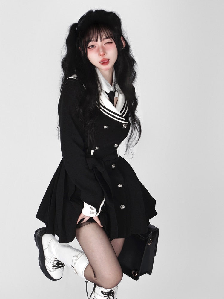 Hoobd Black Korean Style Elegant Dress Women Navy Collar Sweet Party Mini Dress Female Long Sleeve College Style One-piece Dress 2023