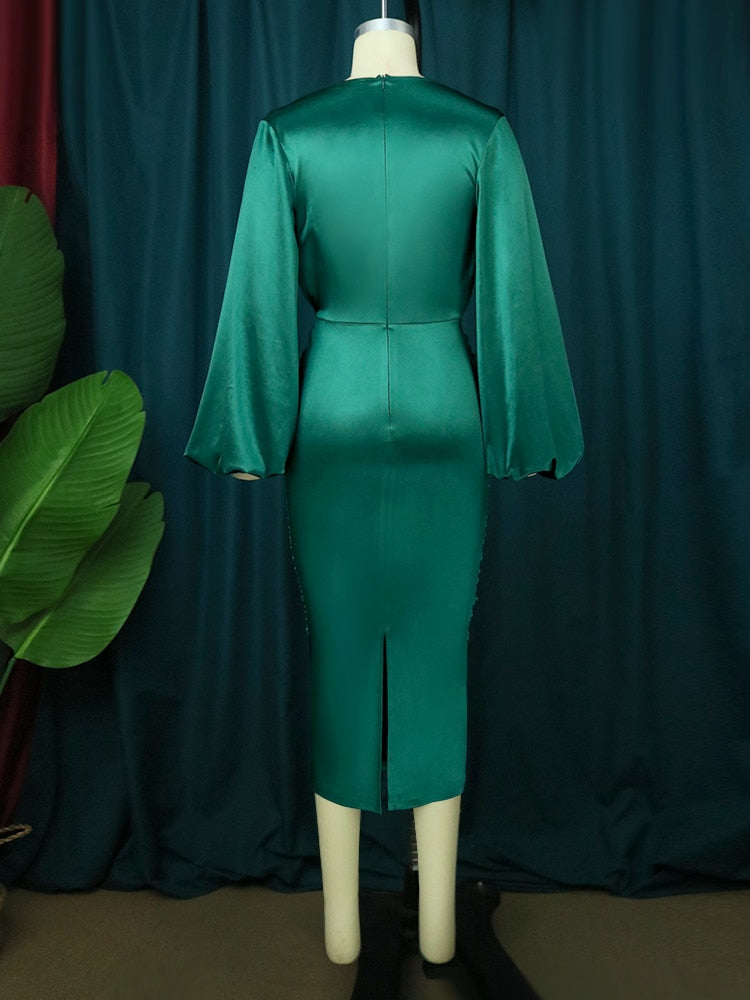 Hoobd Long Sleeve Green Dresses Bodycon Elastic Satin Smocked Midi Dress Elegant Big Size Shiny Evening Christmas Party Church Outfits