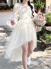 2023 Summer French Elegant Solid Fairy Dress Boho Beach Casual Sweet Y2k Dress Party Women Ruffle One Piece Dress Korean Fashion