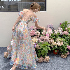 2023 Summer French Vintage Floral  Beach Dress Puff Sleeve Sexy Backless Slip Dresses Elegant Temperament Korea Long Dress