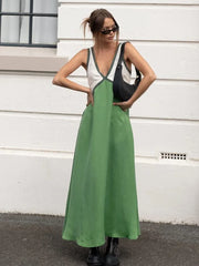 Fashion Patchwork Deep V neck Dress For Women Spring Autumn Female Sleeveless Loose Midi Dresses Elegant Ladies Beach Dress