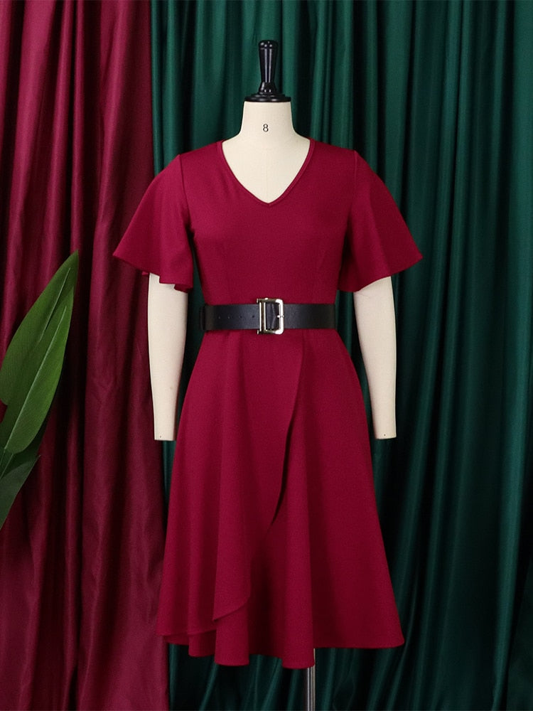 Hoobd Women Dress A Line Ruffle Eleagant Party with Waist Belt Blue Short Sleeve Office Lady Classy Modest Robe Fit Autumn New Fashion