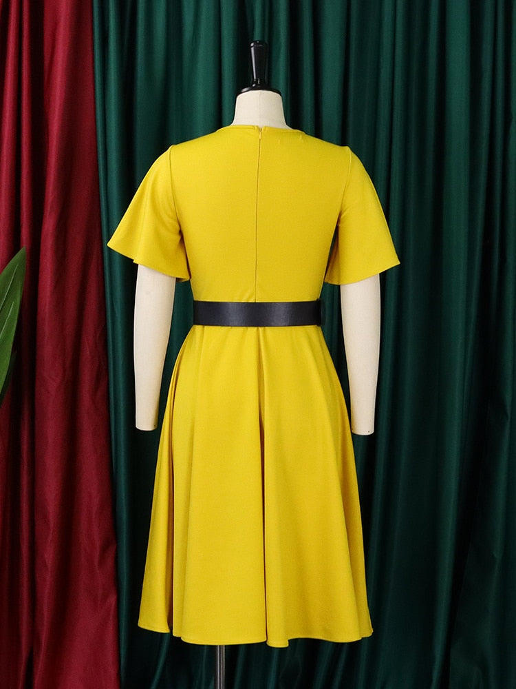 Hoobd Women Dress A Line Ruffle Eleagant Party with Waist Belt Blue Short Sleeve Office Lady Classy Modest Robe Fit Autumn New Fashion