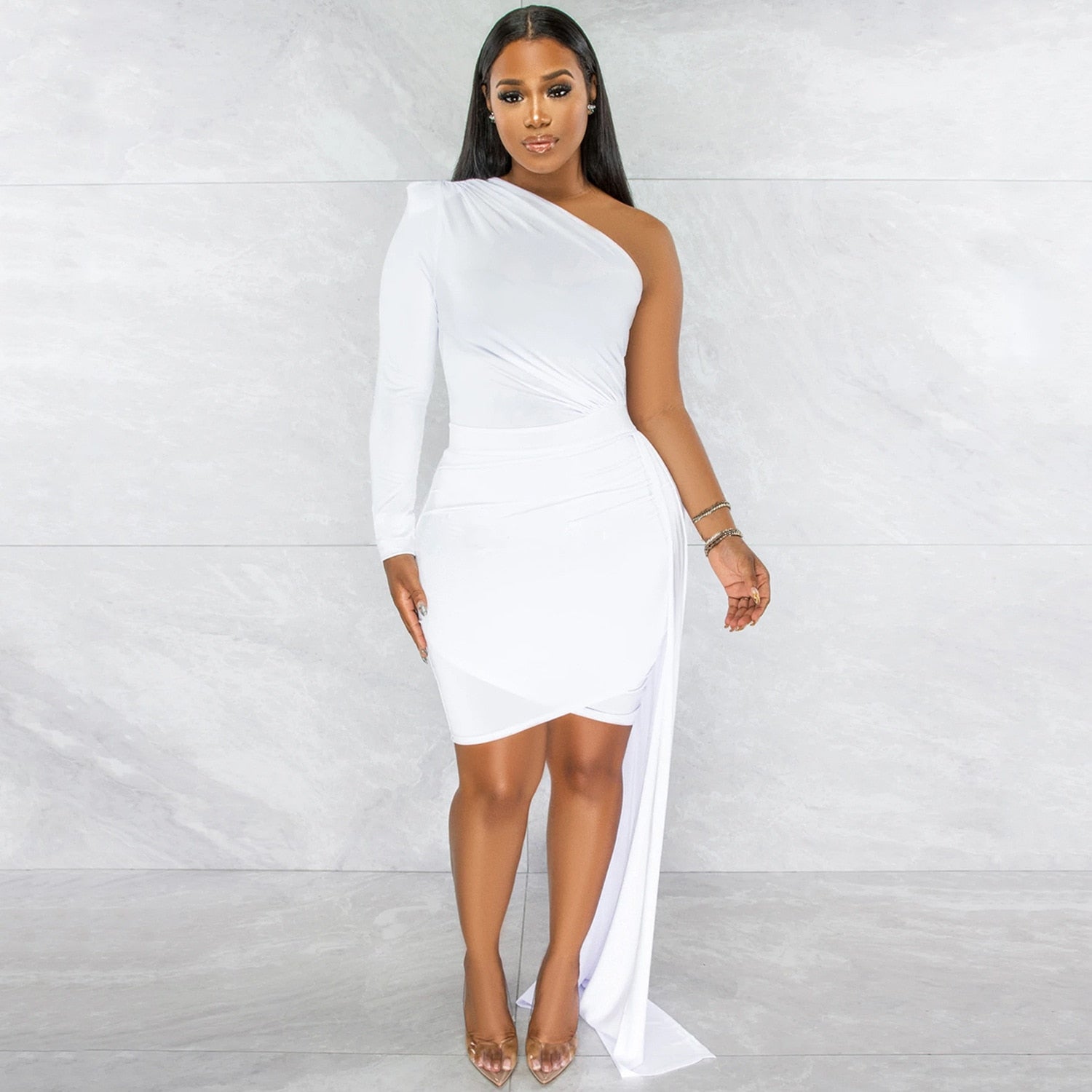 Hoobd Fall Party Dresses For Women 2023 Fashion Royal Blue Single Sleeve Long Strap Accent Mini Dresses Summer Womens Ruched Bodycon Party Dress Sexy Clubwear