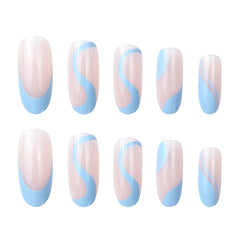 24Pcs Long Round Head Press On Nail Art Seamless Removable Fake Nails With Glue Ballet Coffin Wearing Blue Reusable False Nails