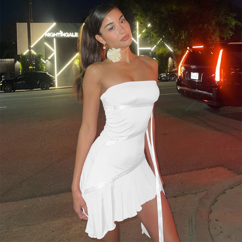 Hoobd Sexy Ruffles Mini Dress for Women Summer Elegant Off Shoulder Strapless Party Dresses 2023 Birthday Club Pink Dress Vestidos