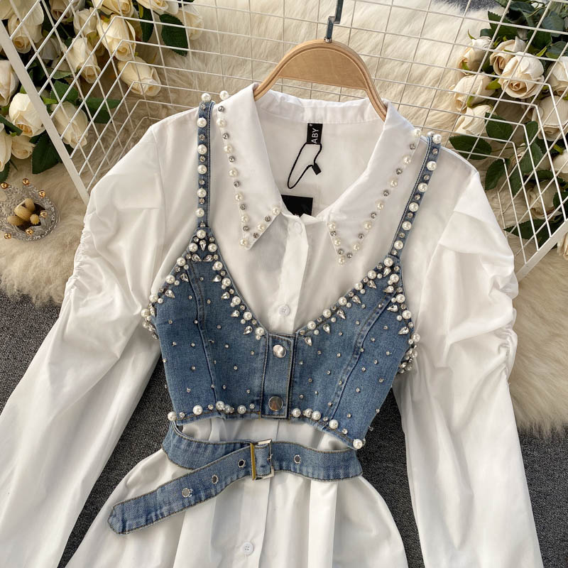 2023 New High-End White Shirt Dress Female Lapel Diamond Pearl Luxury Shirt Short Denim Vest Chic Two Piece Sets Female Fashion