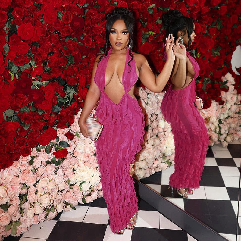 Sexy Halter Low Cut Backless Maxi Dress Women Sleeveless Pleated Slim Fit Robe 2023 Summer Beach Birthday Luxury Y2K Clothes