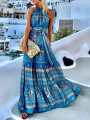 Hoobd Fashion Summer Maxi Dress Women's Printed Sundress Slim Floral Halter Straps Casual Short Sleeve Female High Waist Robe