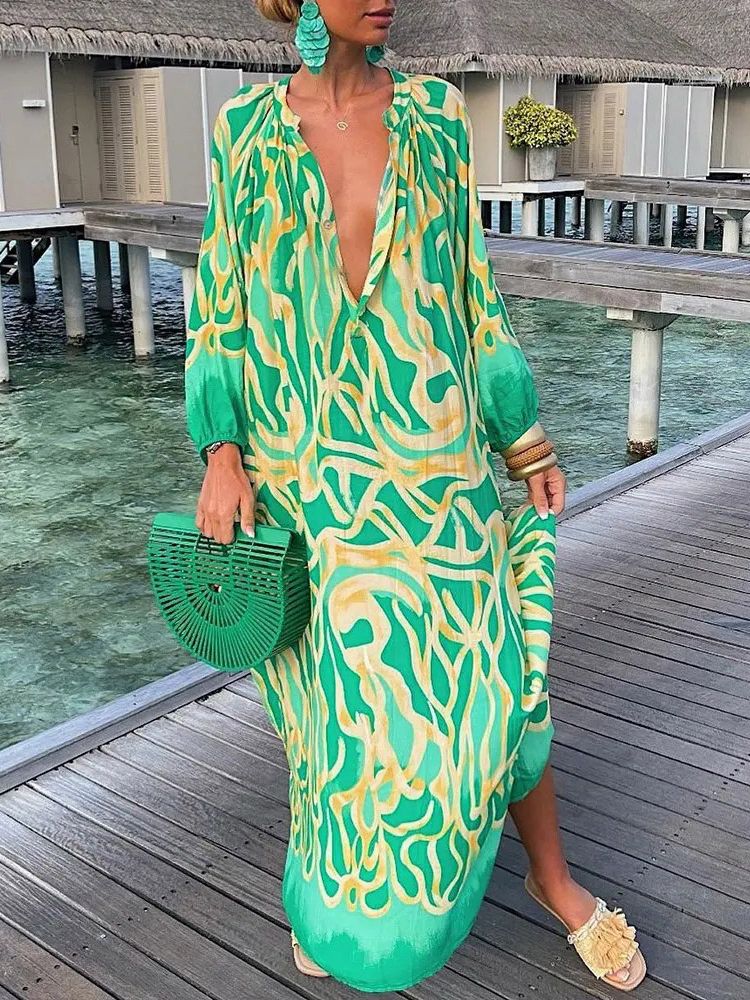 Hoobd Women Elegant V Neck Loose Party Dress Lady Retro Printing Long Sleeve Holiday Dress Autumn Casual Femme Dress Streetwear