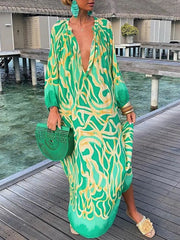 Hoobd Women Elegant V Neck Loose Party Dress Lady Retro Printing Long Sleeve Holiday Dress Autumn Casual Femme Dress Streetwear