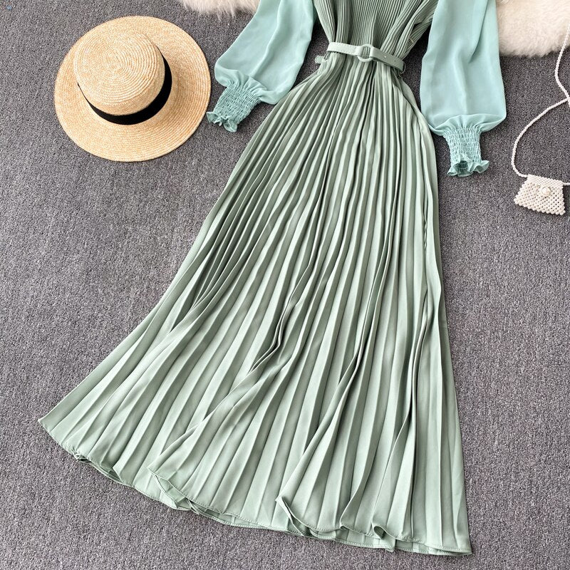 Women&#39;s Elegant Long Dress Spring and Summer Bubble Long Sleeve Pleated Belt Long Skirt 2023 Ladies French Temperament New Dress