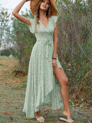 Hoobd Summer Elegant Floral Long Dress Women Casual Bandage Irregular Slit Boho Beach Dress Fashion Green V Neck New In Dresses 2023