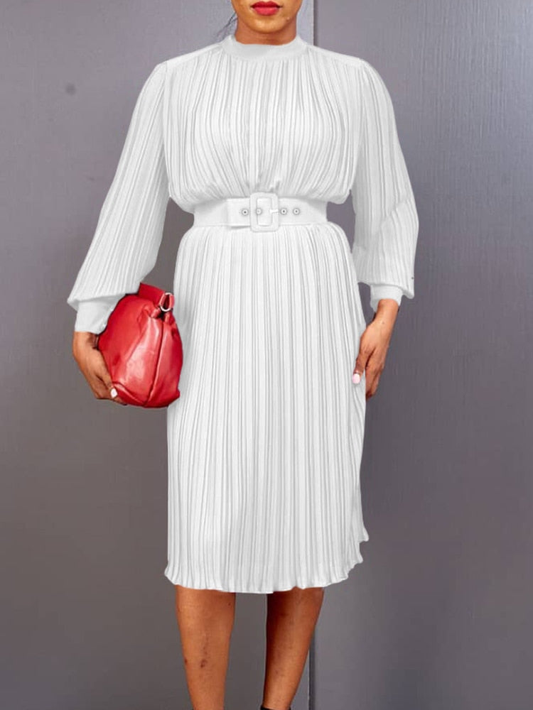 Women Pleated Dress with Waist Belt Loose Elegant Long Sleeves Office Ladies Spring Large Size New Trending 2023 African Female