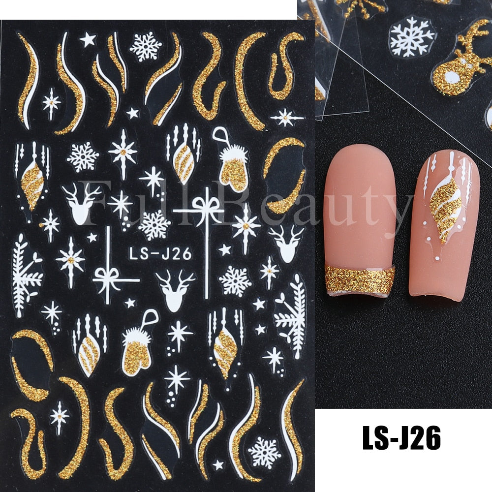 Christmas Nail Sticker 3D Reflective Shiny Glitter Gold Silver Snowflake Elk Bells Decal Slider For Manicure Decoration NLLS-J24