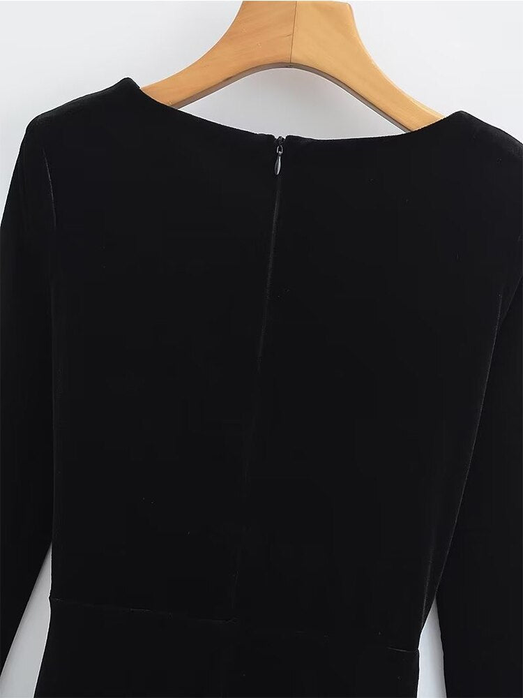 Hoobd New Spring 2023 Women Long Sleeve V Neck Ruched Velvet Mini Dress Vintage Ladies Sexy Vestido