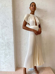 Hoobd2023 Elegant Hollow Out Pleated Dress For Women Fashion Sexy Flare Sleeve Backless A Line Dresses O Neck Office Lady Solid Robe