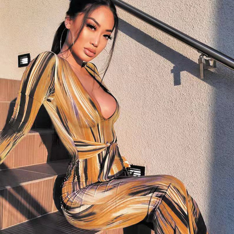 Hoobd Sexy Bandage Dress Waist Illusion Dress 2023 Women V-neck Maxi Dresses Ladies Tie-dye Wave Print Party Dresses Tight Dresses