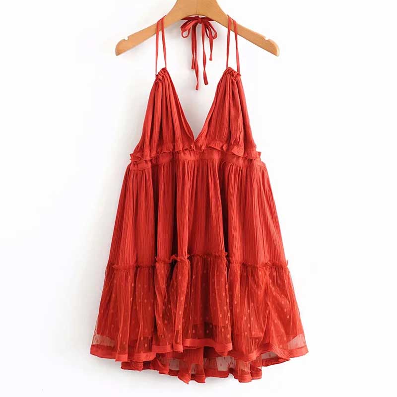 Hoobd summer dress cotton lace pleated halter backless beach dresses V-neck sexy dress women bohemian vestidos 2023