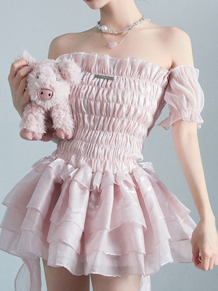 Hoobd Summer Lace Sweet Dress Women Designer Ruffle Flounce Cute Mini Dress Female Korean Fashion Elastic Skinny Sexy Party Dress 2023