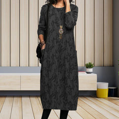 Women Midi Dress for Women 2023 Vintage Print Long Sleeves Crew Neck Dress Spring Autumn Loose Double Pockets Dress Streetwear