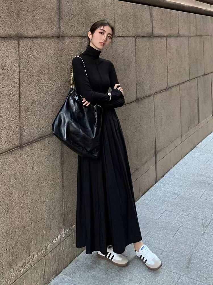 Autumn New Women Elegant Midi A Line Turtleneck Dress Female Vestdios Office Lady Bodycon Fashion Slim Clothes